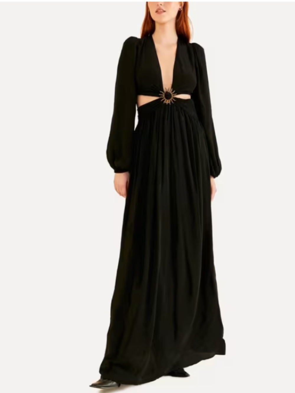 Farm Rio Medium M black cut out long sleeve dress gold sun buckle - Picture 3 of 9